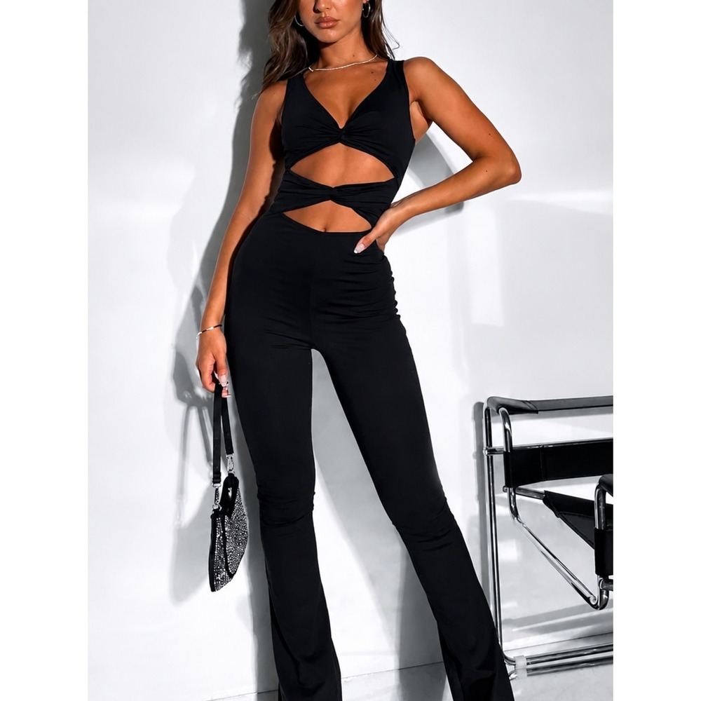 White Fox Women's In The Spotlight Twist Cutout Flare Jumpsuit Black S Y2K Party